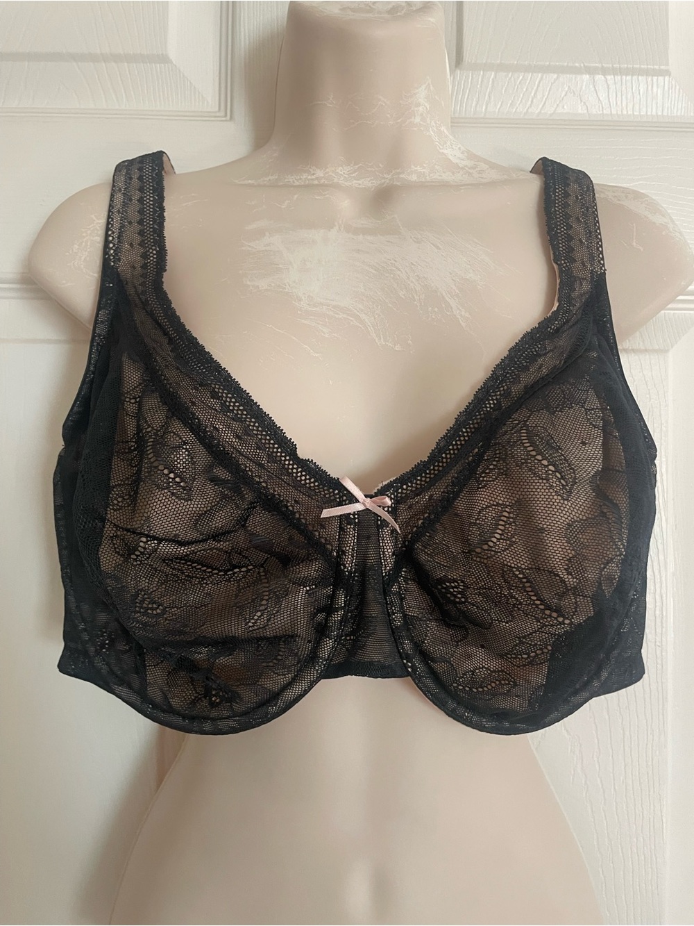 Cacique Black Lace Underwire Bra with Pink Bow Accent